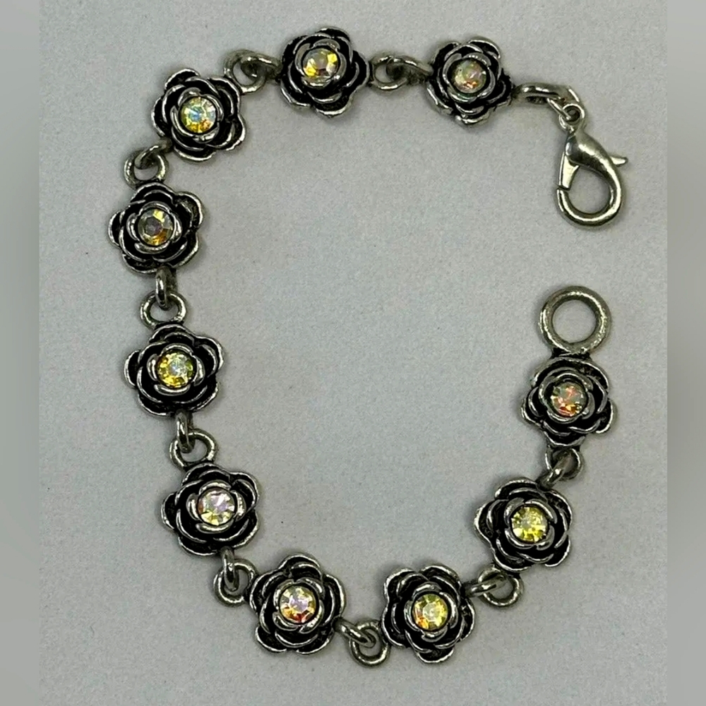 Primrose Retired PD Premier Designs Link Bracelet Silver Tone Flower AB Crystals